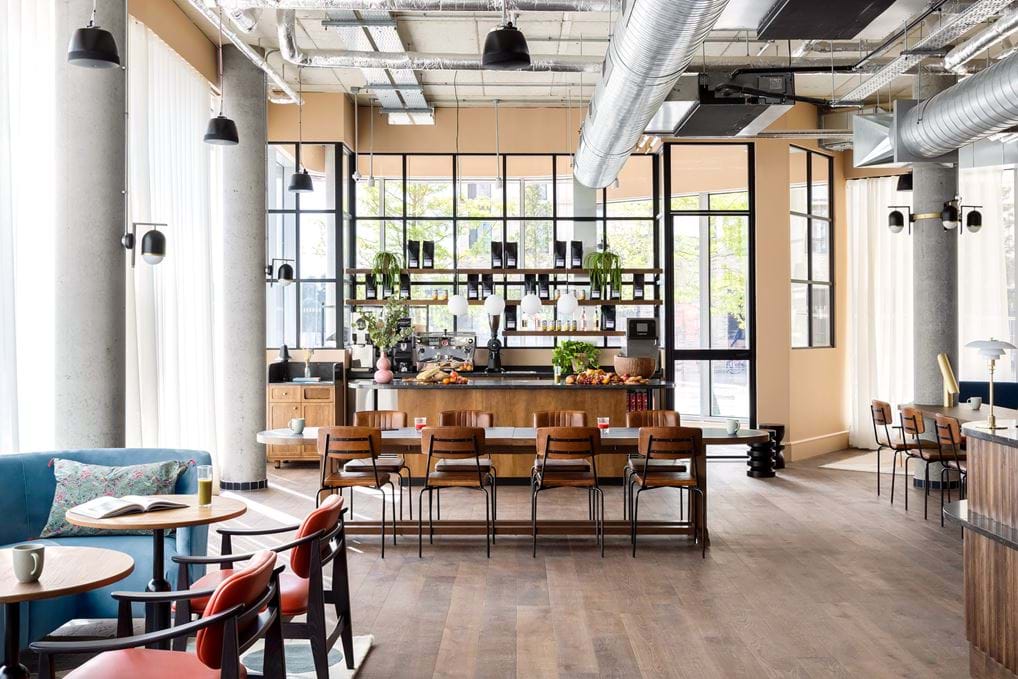 Co-working area and coffee shop at Hyatt Centric Cambridge.