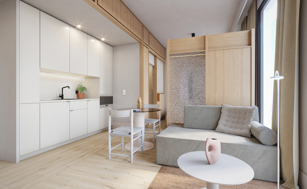 Separate spaces to sleep, work and live. Feel free. 